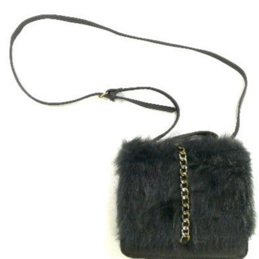 IZABELLA RUE faux fur flap cross body purse bag charcoal gray chain strap